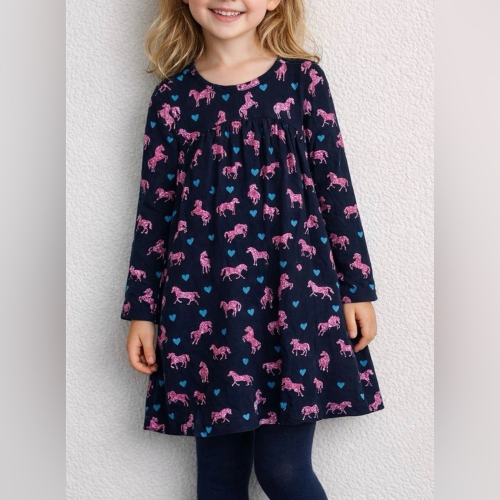 Hatley Navy Blue Pink Unicorn Glitter Hearts Long Sleeve Dress Cotton Blend Sz 8